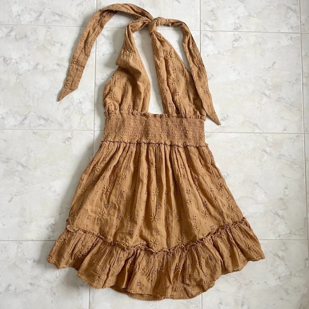 NEW aerie Backless Halter Eyelet Ruffle Mini A-Line Dress Women XS